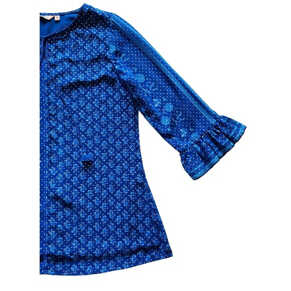 ITSE Women’s Top Tassle Front Tie Bell Sleeves Royal Blue Gold Dots Size Medium - Picture 11 of 12